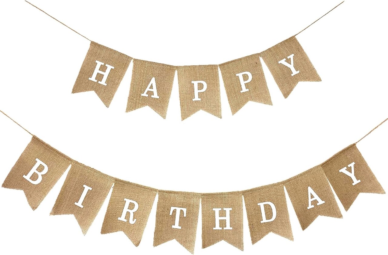 Burlap Happy Birthday Banner for Birthday Party Decorations (White Print)